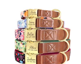 Personalized Floral Dog Collar  | Custom ID Nameplate with Gold Hardware