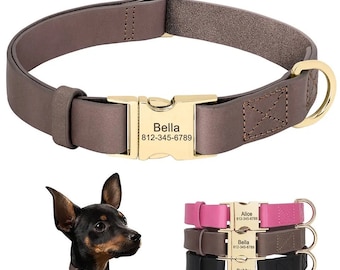 Collar de cuero personalizado para perro / Identificación grabada personalizada, hebilla dorada