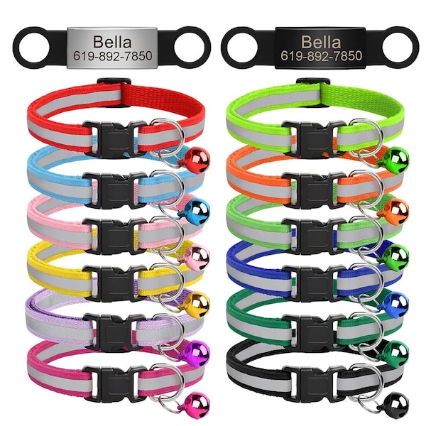 Personalized Reflective Cat ID Collar with Bell | Custom Name & Number Pet Collar