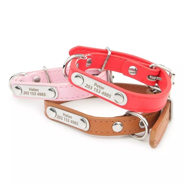 Personalized PU Leather Pet Collar | Small Medium Dog Custom Name & Number Collar