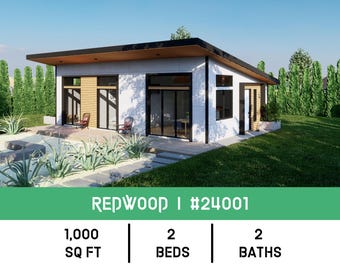 May include: A modern, white, single-story house with a black roof and large windows. The house has a small front yard with green grass and a small pond. The text "REDWOOD | #24001" is displayed below the image. The text "1,000 SQ FT | 2 BEDS | 2 BATHS" is displayed below the image.