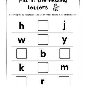 May include: Black and white worksheet with the text "Fill in the missing letters" and a cartoon hippo wearing a graduation cap. The worksheet has five rows of letters with blank spaces for the student to fill in the missing letters in the alphabet sequence.