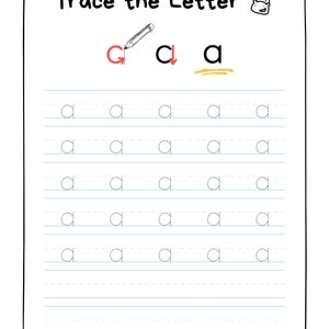 May include: A black and white worksheet with the text "Trace the Letter" and a cartoon hippo wearing a graduation cap. The letter "a" is written in red and there are multiple lines with dotted outlines of the letter "a" for tracing.