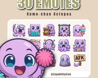 Octopus Twitch Emotes Pack – 30 Cute Cartoon Kumo-chan Expressions | Streaming Chat Emotes | Streamer Assets | Digital Download PNG