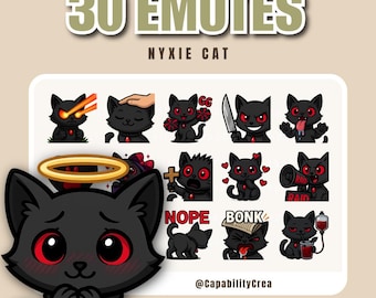 Gothic Kawaii Black Cat Twitch Emotes | 30 Halloween Nyxie Cat Discord Icons | Cute Creepy Spooky Streamer Emotes