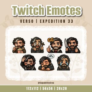 Peut inclure: Ensemble d'emotes Twitch avec un personnage de dessin animé exprimant diverses émotions. Les emotes incluent le personnage mangeant du pop-corn, pleurant, faisant un pouce levé avec "GG", tenant un couteau et dormant. Le texte "Twitch Emotes" est en haut.