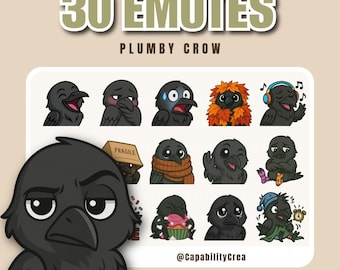 Crow Twitch Emotes-Paket – 30 niedliche Cartoon-Raben-Emotes für Streamer – Transparente PNG-Chat-Sticker für Discord & YouTube
