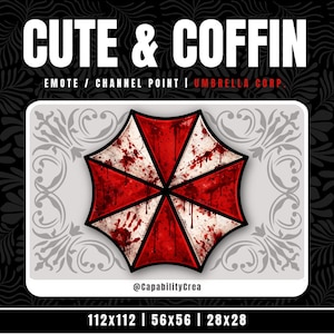 Peut inclure: Graphique avec un parapluie rouge et blanc taché de sang et d'empreintes de mains. Le texte "CUTE & COFFIN" et "EMOTE / CHANNEL POINT / UMBRELLA CORP" sont présents. L'image inclut également le nom du créateur et les dimensions.