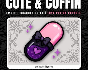 Love Potion Capsule Emote Twitch Channel Point – Kawaii Magic Emote – Cute Pink & Purple PNG for Streamers