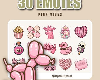 Pink Vibes Twitch Emotes Pack – 30 Cute Pink Emotes for Streamers | Kawaii Pastel Emotes, Girly Pop-Art Icons, Cute Badges, VTuber Assets
