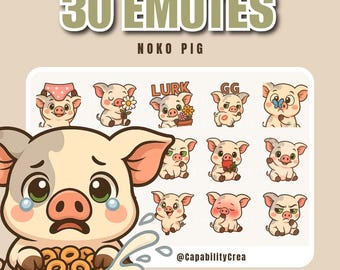 Cute Pig Emotes for Twitch – 30 PNG Noko Pig Emotes | Streamer Piggy Channel Points & Sub Badges – Kawaii Piglet Expressions Pack