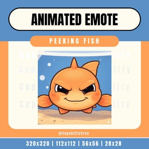 May include: Animated emote featuring a cartoon orange fish with an angry expression, labeled "PEEKING FISH." The image includes the text "ANIMATED EMOTE" and various size dimensions. The fish is in a blue water background.