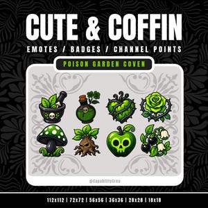 Peut inclure: Un ensemble d'autocollants numériques intitulé CUTE & COFFIN POISON GARDEN COVEN présentant huit icônes sur le thème vert : un mortier et un pilon, une fiole, un cœur épineux, une rose, un champignon, une mandragore, une pomme-crâne et des baies.
