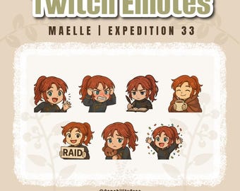 Maelle Twitch-emotes – Expeditie 33 Chibi-set Clair-obscur | Roodharige streamer schattige reactie-emotes PNG