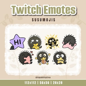 May include: A collection of Twitch emotes featuring cartoonish, spiky black characters expressing various emotions. Emotes include a star with "HI", a crying character, and one with lightning. The text "Twitch Emotes" and "SUSUMOJIS" are displayed.