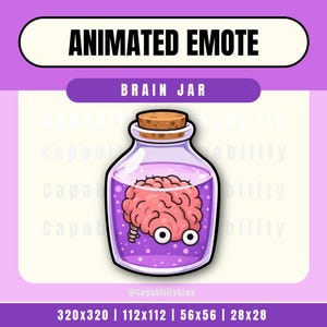 以下が含まれることがあります： アニメーション絵文字グラフィック。瓶の中の漫画の脳。瓶は紫色の液体で満たされ、コルクの栓が付いています。脳には2つの漫画の目があります。「ANIMATED EMOTE」と「BRAIN JAR」のテキストが表示されます。