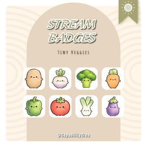 Peut inclure: Ensemble de badges de flux de style dessin animé représentant des légumes. Les badges incluent une pomme de terre, un navet, un brocoli, une carotte, un poivron, une tomate, une ciboulette et une aubergine. Le texte "STREAM BADGES" et "TINY VEGGIES" est affiché.