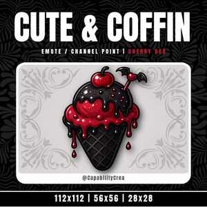 May include: A digital illustration of a scoop of red ice cream in a black waffle cone, topped with black chocolate sauce and a cherry. A small heart-shaped pick with bat wings is inserted into the ice cream. Text reads CUTE & COFFIN.