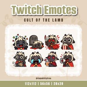May include: A collection of Twitch emotes featuring a cartoon lamb character in various poses and expressions. The emotes include the text "Twitch Emotes" and "Cult of the Lamb". The emotes are in black, white, and red.