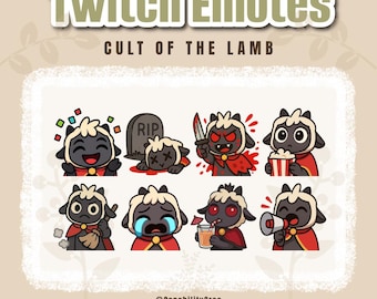 Cult of the Lamb-emoticons | COTL Twitch Emotes Series 1 | Schattig lam PNG-pakket | Set van 8 kawaii chibi-emoticons - klaar voor gebruik op Twitch