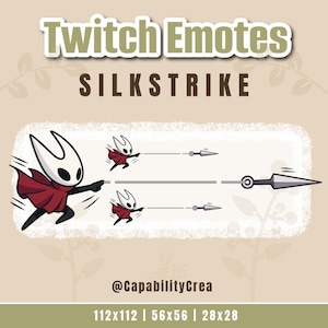 以下が含まれることがあります： 赤いマントと白いマスクのキャラクターが槍を投げているTwitch絵文字のグラフィック。 「Twitch Emotes」の下に「SILKSTRIKE」という文字が表示されています。 グラフィックには、作成者のハンドルとサイズ寸法が含まれています。