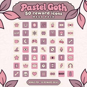 Peut inclure: Une collection numérique de 50 icônes carrées dans des tons rose, violet et crème. Le texte indique Pastel Goth 50 reward icons MEGA PACK et BONUS PDF 50 REWARD IDEAS. Les icônes incluent un crâne, un fantôme, une potion, une lune et plus.
