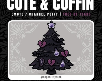 Könnte beinhalten: Digitalgrafik mit einem schwarzen Weihnachtsbaum, verziert mit lila gebrochenen Herzen, Zaubertränken und einem Sarg. Der Baum wird von einem Stern gekrönt. Der Text oben lautet "CUTE & COFFIN". Das Bild ist für einen Emote oder einen Kanalpunkt.