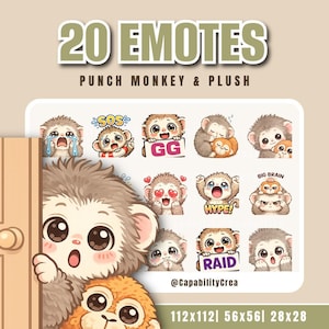 May include: A digital art graphic featuring 20 emotes of a cartoon monkey and plush. The emotes display various expressions and text bubbles, including "SOS," "GG," "HYPE!," and "RAID." The image includes the text "20 EMOTES" and "PUNCH MONKEY & PLUSH."
