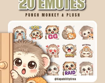 Viral Cute Monkey Twitch Emotes Pack – 20 Kawaii Plush Monkey PNG – GG Raid Hype Big Brain – Cozy Streamer & Discord Emotes Bundle
