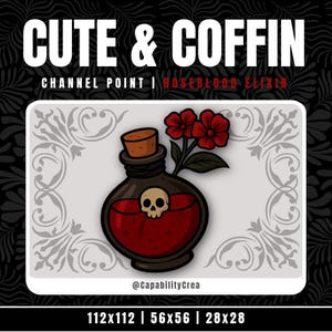May include: A sticker featuring a cartoon-style potion bottle with a skull and crossbones, filled with red liquid. The bottle has a cork stopper and is adorned with red flowers. The text "CUTE & COFFIN" is at the top.