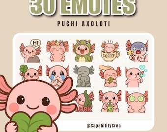 Puchi Axolotl Twitch Emotes Pack – 30 Cute Kawaii Axolotl Emotes for Streamers | Cozy, Funny, Hype & Chill Expressions | PNG