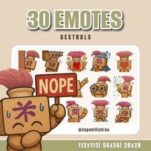 Può includere: Grafica di arte digitale con 30 emoticon, ognuno un blocco di legno con capelli rosa, che mostra diverse emozioni. Un cartello rosso dice "NOPE". Il testo "30 EMOTES" e "GESTRALS" è presente.