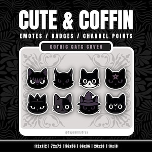 Può includere: Una collezione digitale di otto emote, badge e punti canale di gatti neri intitolata CUTE & COFFIN GOTHIC CATS COVEN. I gatti presentano varie espressioni, un cappello da strega, un pentagramma e un simbolo lunare. Dimensioni: 112x112, 72x72, 56x56, 36x36, 28x28 e 18x18.