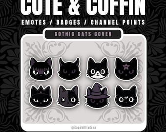 Gothic Cat Emote Pack, 8 Kawaii Twitch Badges and Channel Point Icons