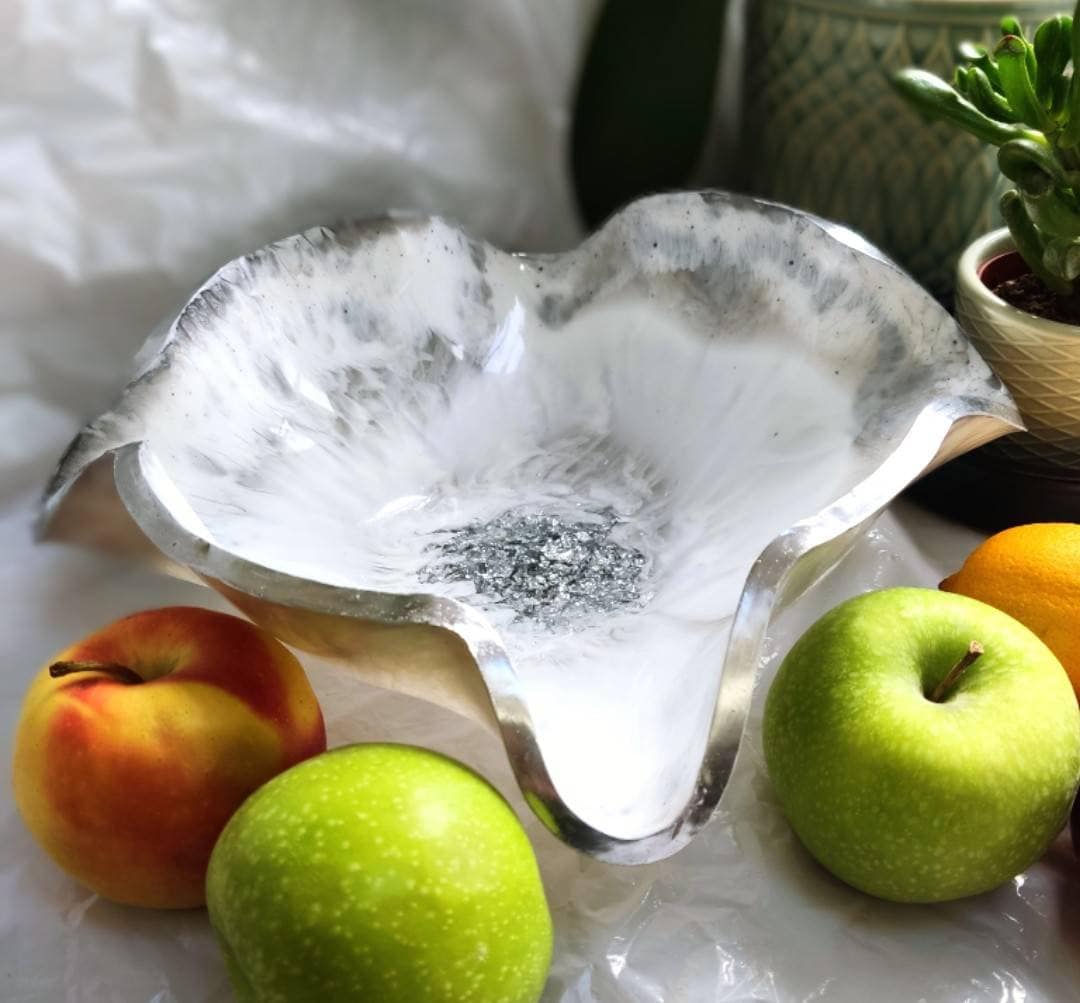 Fruit Bowl, Resin Bowl, White and Silver Bowl, Handmade Decorative