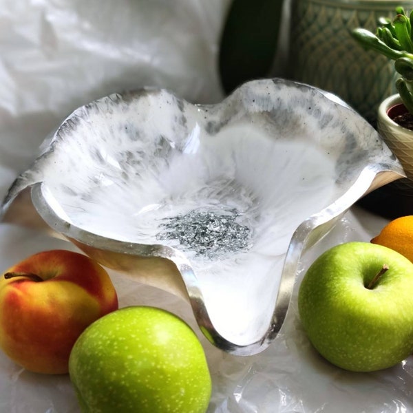 Handmade Resin Fruit Bowl: White & Silver Wavey Centerpiece