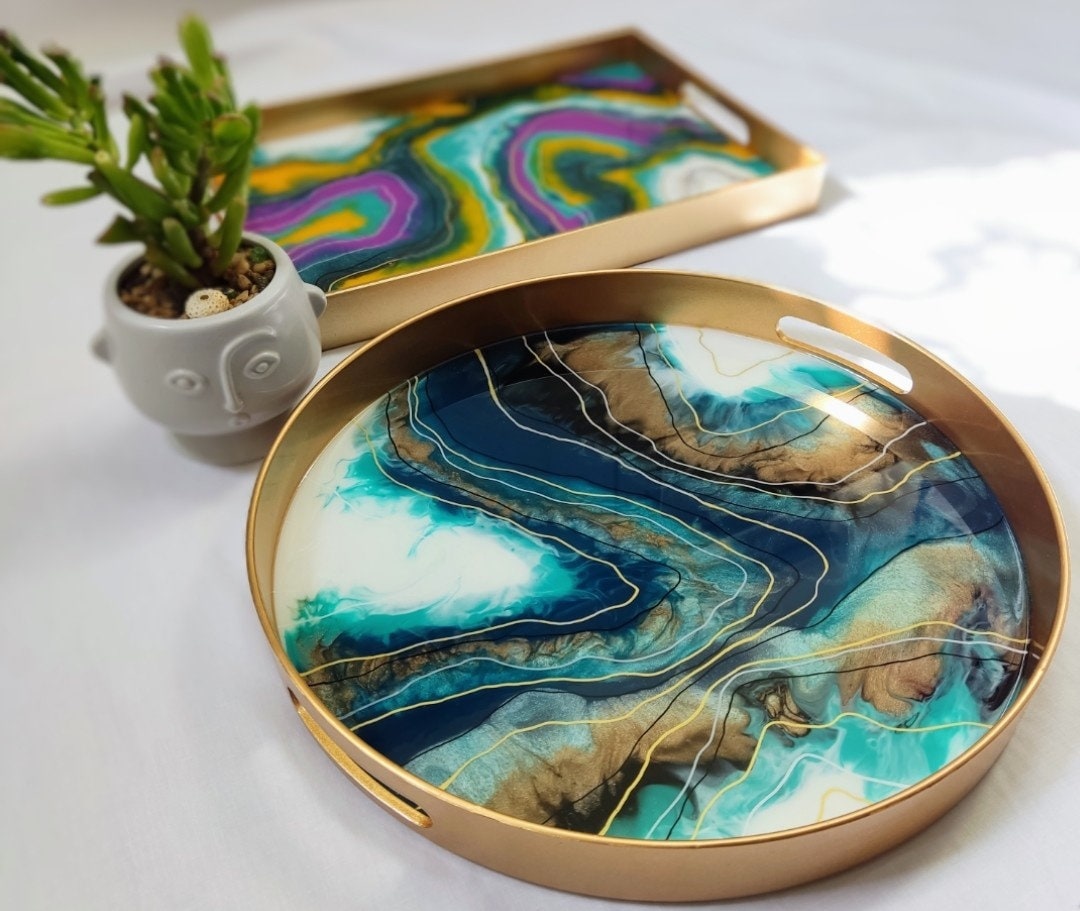 Small Elegant Decorative Resin Tray With Gold Clear Handles, Perfume Tray,  Geode Resin Tray 