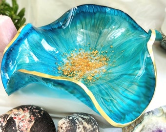 Fruit bowl, resin bowl, teal bowl decorative bowl, handmade bowl, centerpieces, peacock greens and teal