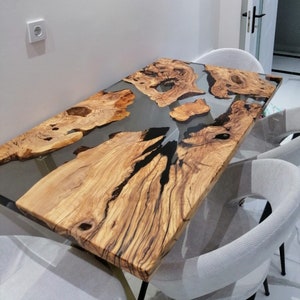 Custom Order Clear Epoxy Olive Wood Dining Table | Live Edge Resin Table | Coffee Table Epoxy Dining Room Table | Handmade Dining Room Set