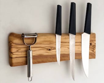 Magnetic Knife Holder, Natural Live Edge Reclaimed Olive Wood Knife Rack, Kitchen Decor, Wooden Knife Block, Knife Organizer, Messerhalter