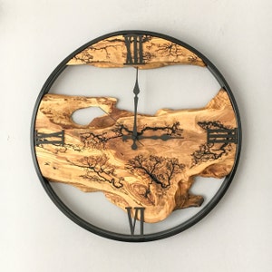 Made to Order Live Edge Olive Wood Wall Clock: Rustic Wood Burning