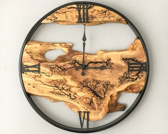 Made to Order Olive Wood Wall Clock, Live Edge Wall Clock, Rustic Wall Clock, Wood Wall Clock, Natural Wood Clock, Custom Wood Burning