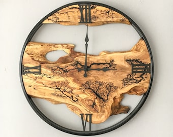 Made to Order Olive Wood Wall Clock, Live Edge Wall Clock, Rustic Wall Clock, Wood Wall Clock, Natural Wood Clock, Custom Wood Burning