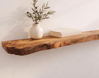 Prateleiras flutuantes de madeira de oliveira com borda natural, prateleiras flutuantes industriais de madeira reciclada, prateleiras flutuantes robustas estilo fazenda, prateleira para banheiro