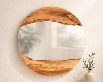 Made to Order, Olive Wood Round Wall Mirror, Live Edge Wood Wall Art, Wood Frame Mirror Wall Decor, Wooden Mirrors, Small-Large
