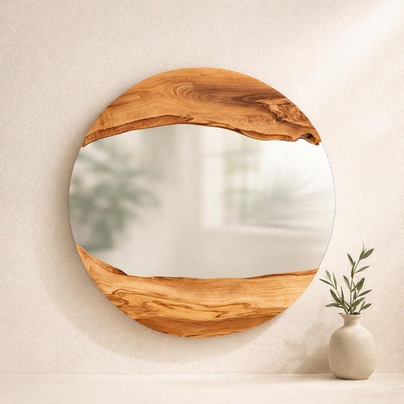 Made to Order, Olive Wood Round Wall Mirror, Live Edge Wood Wall Art, Wood Frame Mirror Wall Decor, Wooden Mirrors, Small-Large