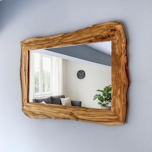 Espejo de pared de madera de olivo con borde natural, decoración rústica de madera