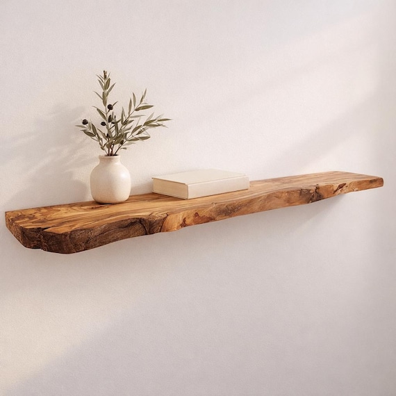 Live Edge Olive Floating Shelves, Reclaimed Industrial Wooden Floating Shelves, Farmhouse Heavy Duty Floating Shelves, Bathroom Shelf