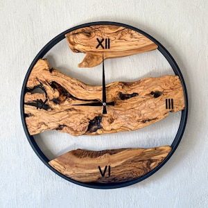 Made to Order Metal & Olive Wood Wall Clock , Big Wood and Metal Wall Clock , Live Edge Rustic Clock , Wooden Wall Art , Unique Home Gift