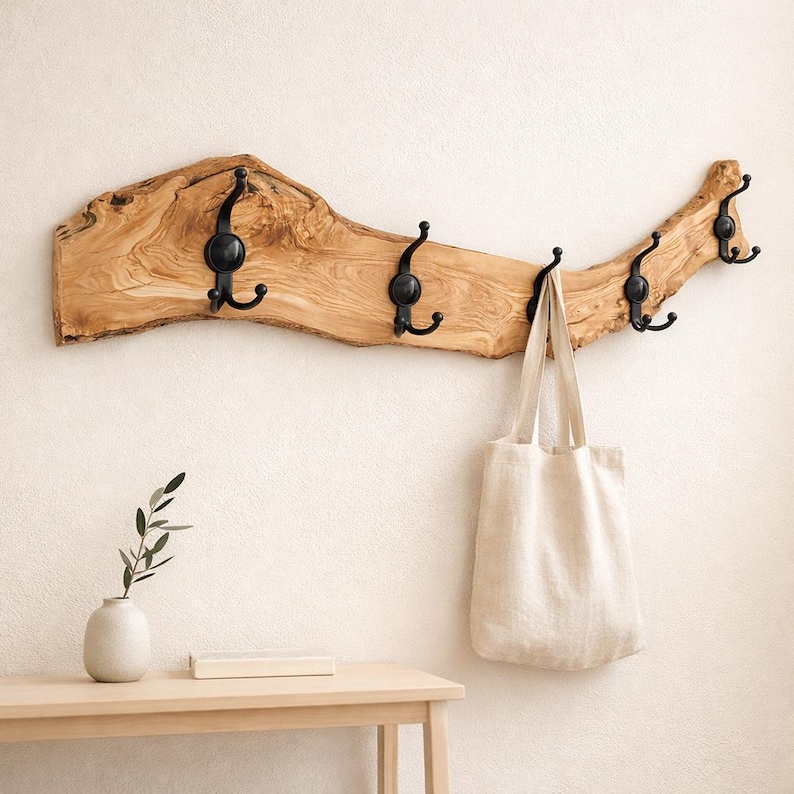 Made to Order, Olive Wood Coat Rack Wall Mount | Handmade Furniture | Rustic Coat Hanger | Farmhouse Decor | Wooden Hangers | Wall Art image 2